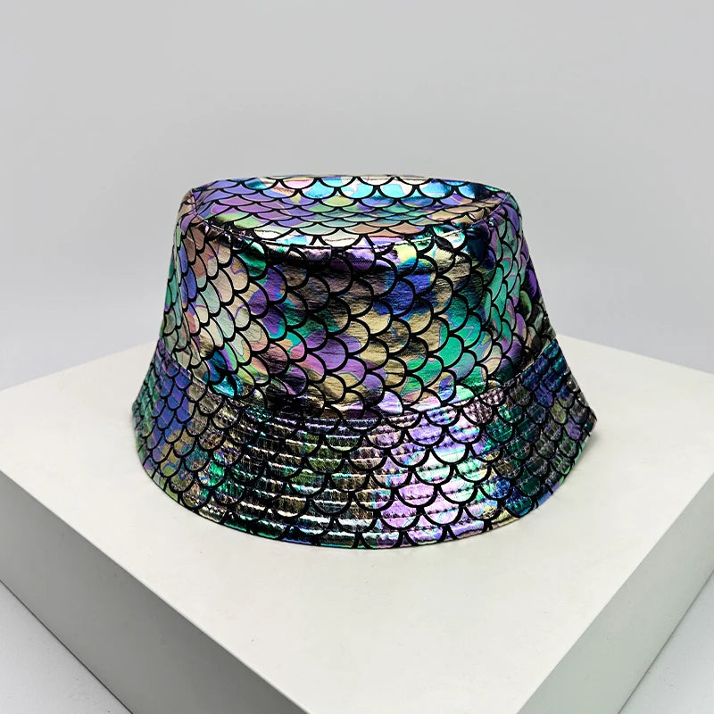 Holographic PU Leather Bucket Hat – Reflective Unisex Fisherman Cap
