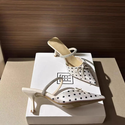 Polka Dot Pointed Toe Heeled Mule Slippers for Women