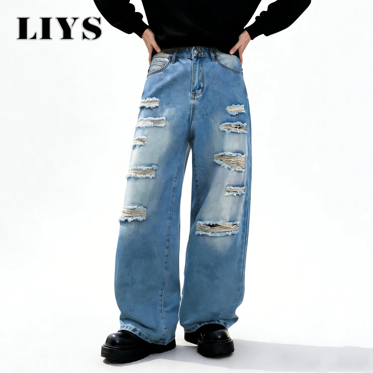 Baggy Ripped Jeans Unisex Gothic Wide Leg Distressed Denim Pants Streetwear