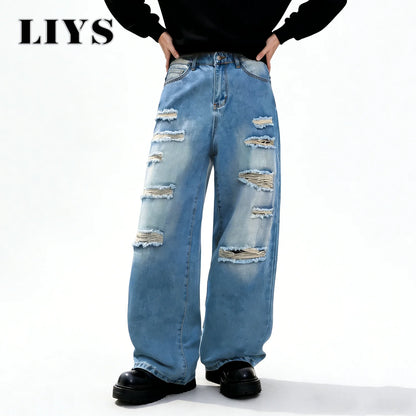 Baggy Ripped Jeans Unisex Gothic Wide Leg Distressed Denim Pants Streetwear