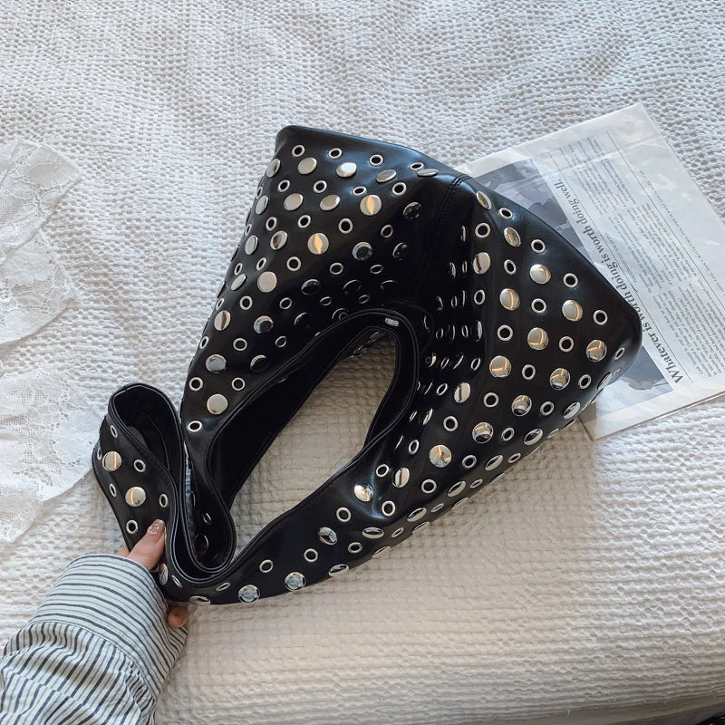 Punk Rivet Hobo Bag – PU Leather Shoulder Bag for Women