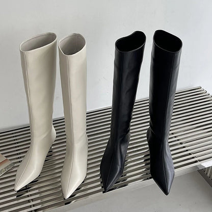 Women's Knee-High Cowboy Boots – Pointed Toe Slip-On Low Heel