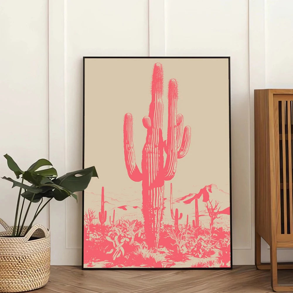 Pink Cactus Desert Wall Art Poster – Boho Canvas Print