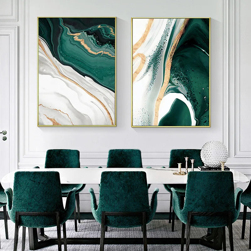 Nordic Abstract Green Gold Foil Wall Art Poster – Marble Canvas Print