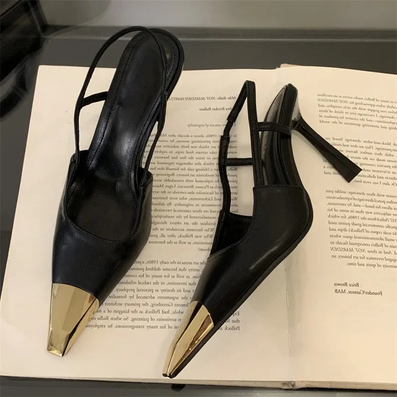 Pointed Toe Slingback Pumps Women Stiletto Heels Metal Toe Cap
