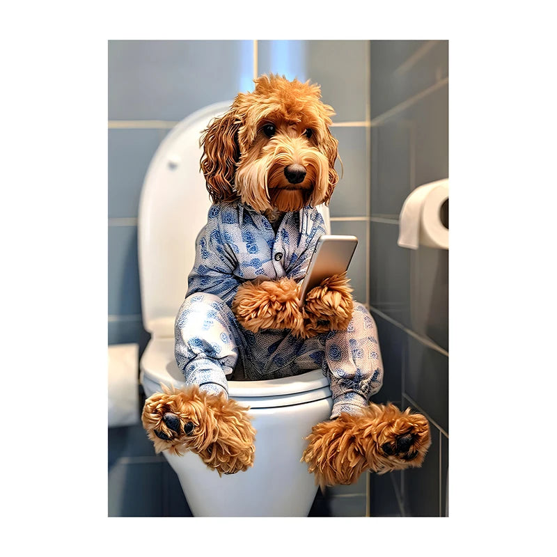 Funny Dog Bathroom Poster – Dog Reading Newspaper on Toilet Wall Art