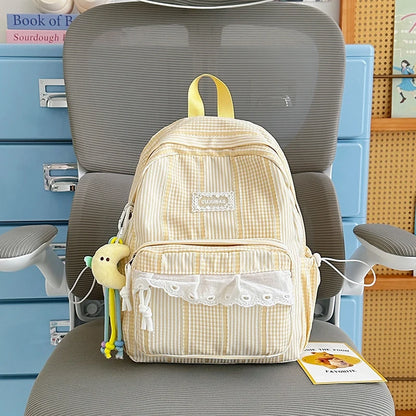Sweet Style Girls Backpack – Cute Striped School Bag with Doll Charm
