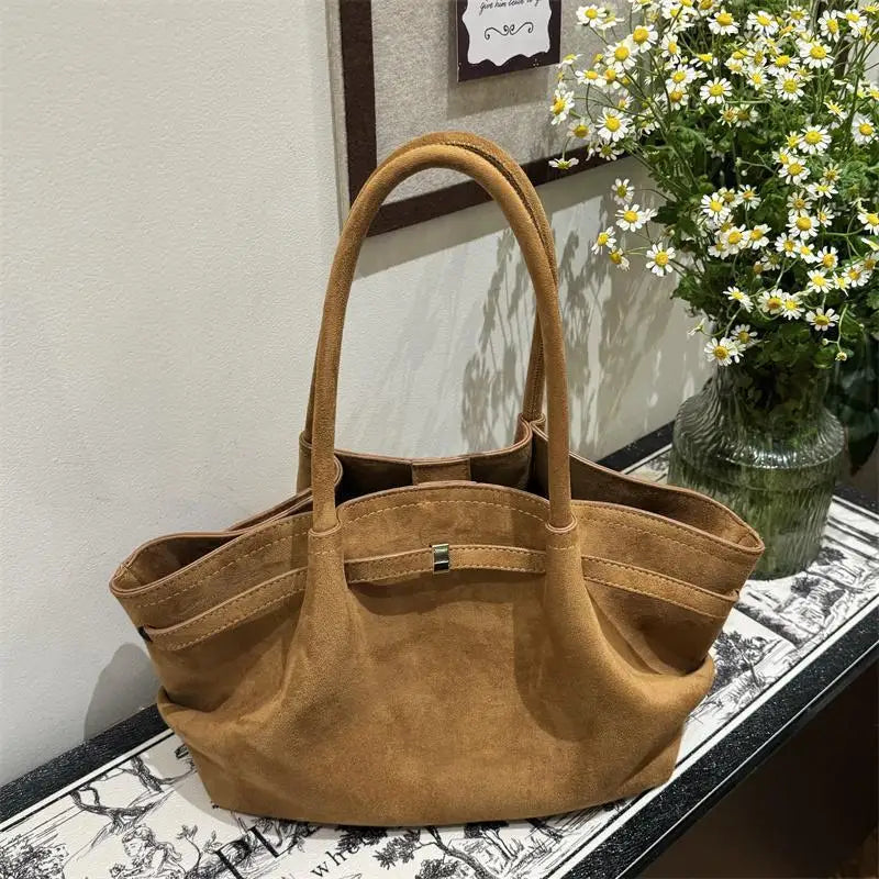 Retro Faux Suede Matte Tote Bag Women Ruffled Large Capacity