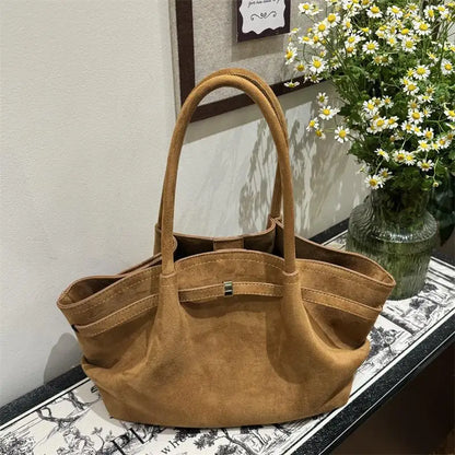 Retro Faux Suede Matte Tote Bag Women Ruffled Large Capacity