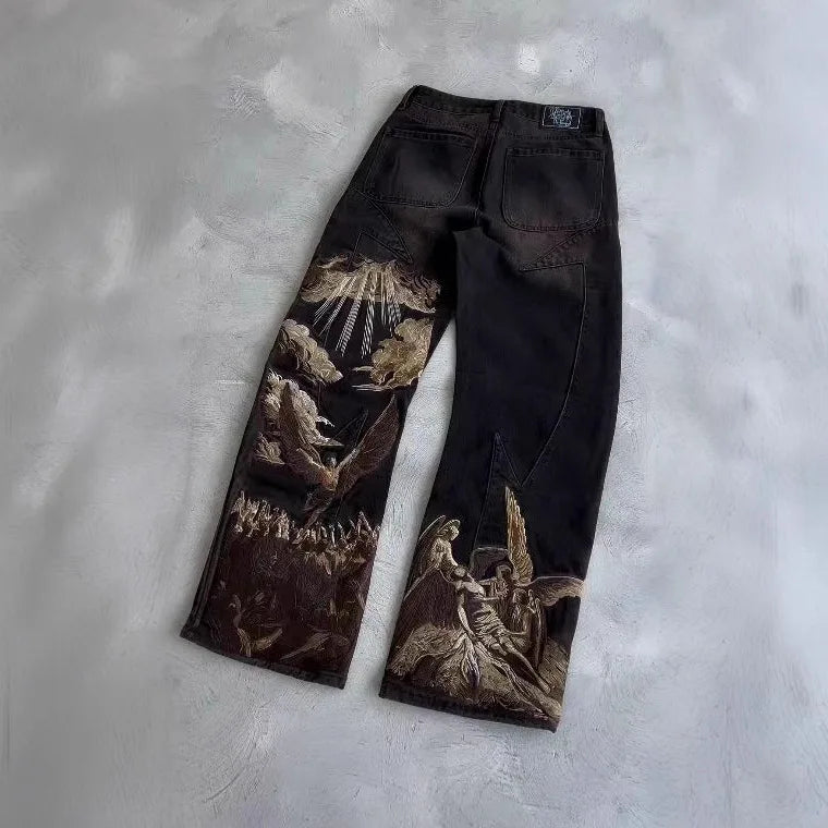 Mens Jeans Harajuku Y2k Streetwear Heavy Angel Embroidery Patchwork Washed Denim Pants Straight Leg