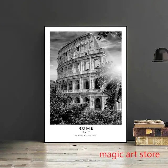 City Travel Poster – Black & White Landmark Wall Art Print for Home Decor