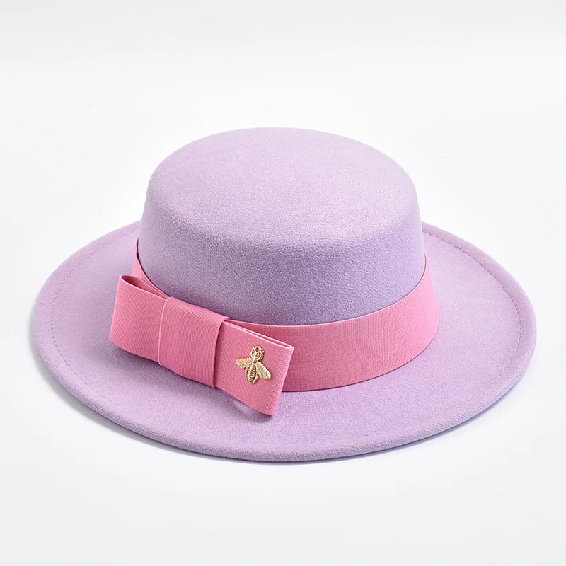 Women's Flat Top Fedora Hat – Bow & Bee Pin, Church & Party