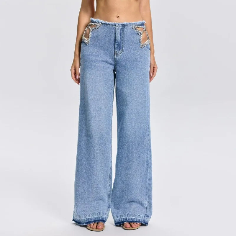 Y2K Rhinestone Hollow Out Wide Leg Jeans for Women