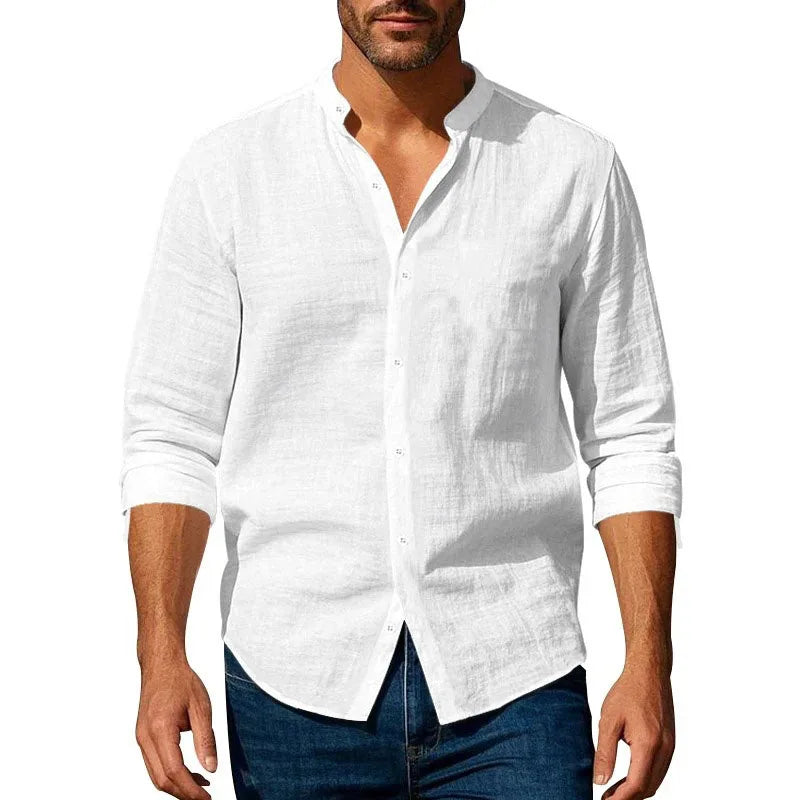 Men's Cotton Linen Long Sleeve Shirt – Slim Fit Henley Button-Up