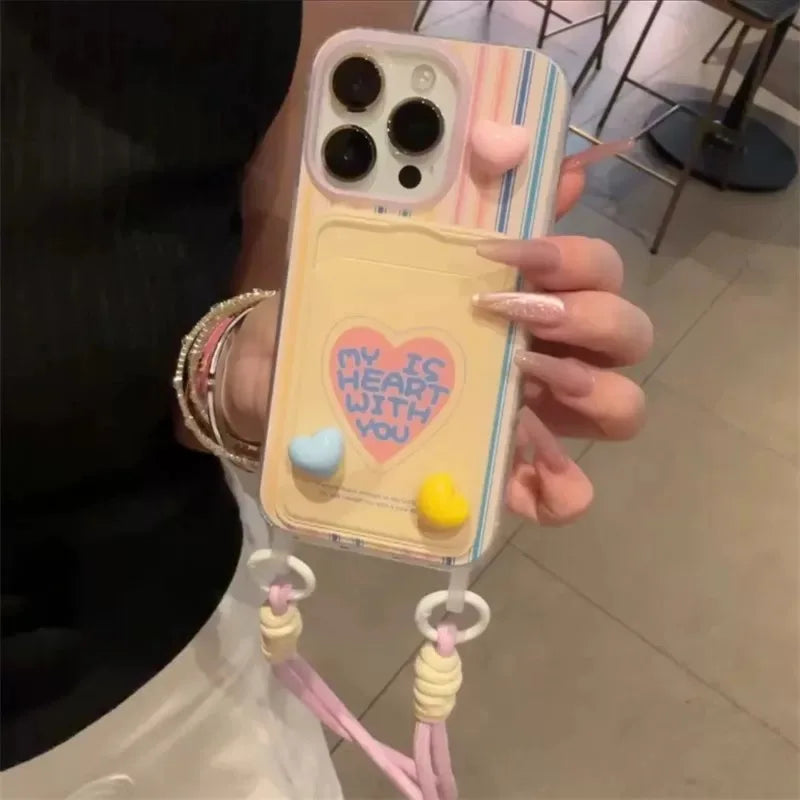 3D Heart iPhone Case with Card Holder & Crossbody Strap