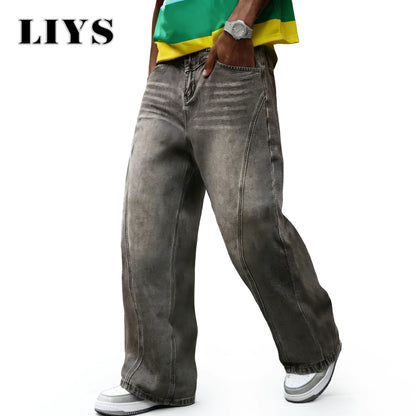 Men's Washed Baggy Wide Leg Jeans – Vintage Gray Spliced Denim