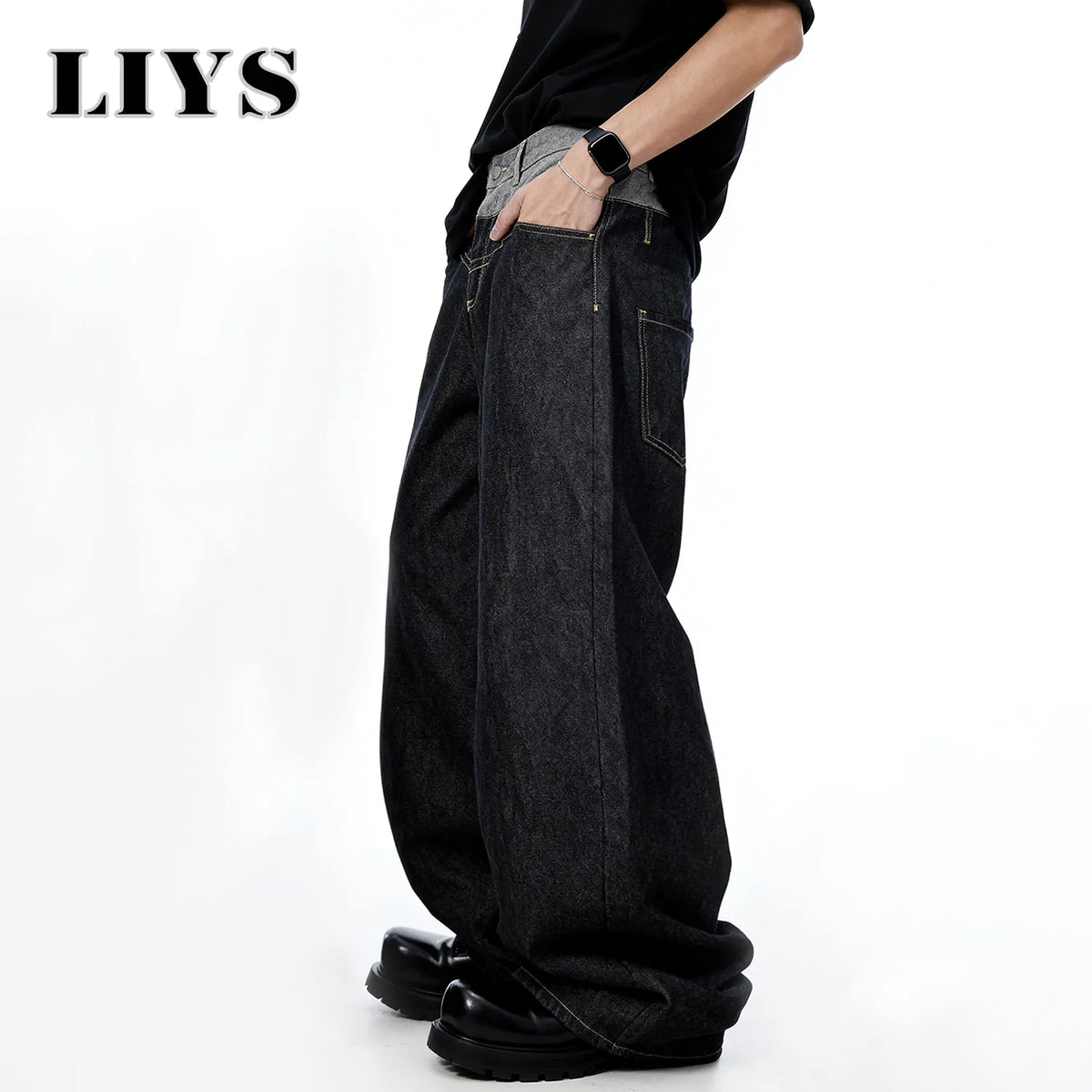 Liys Men S Retro Double Waist Design Baggy Wide Leg Jeans Street Denim Pants Gothic Loose Machete
