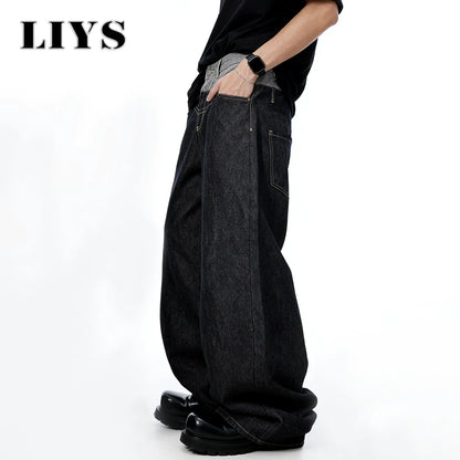 Liys Men S Retro Double Waist Design Baggy Wide Leg Jeans Street Denim Pants Gothic Loose Machete