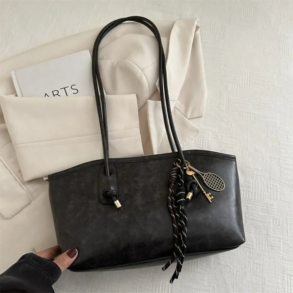 PU Leather Shoulder Bag Y2K Tote with Charm Detail