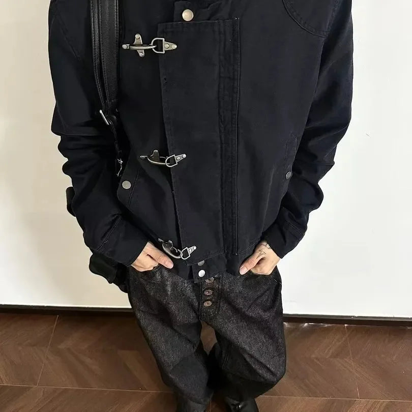 Retro Workwear Jacket – Unisex Short Coat with Metal Clasp Detail