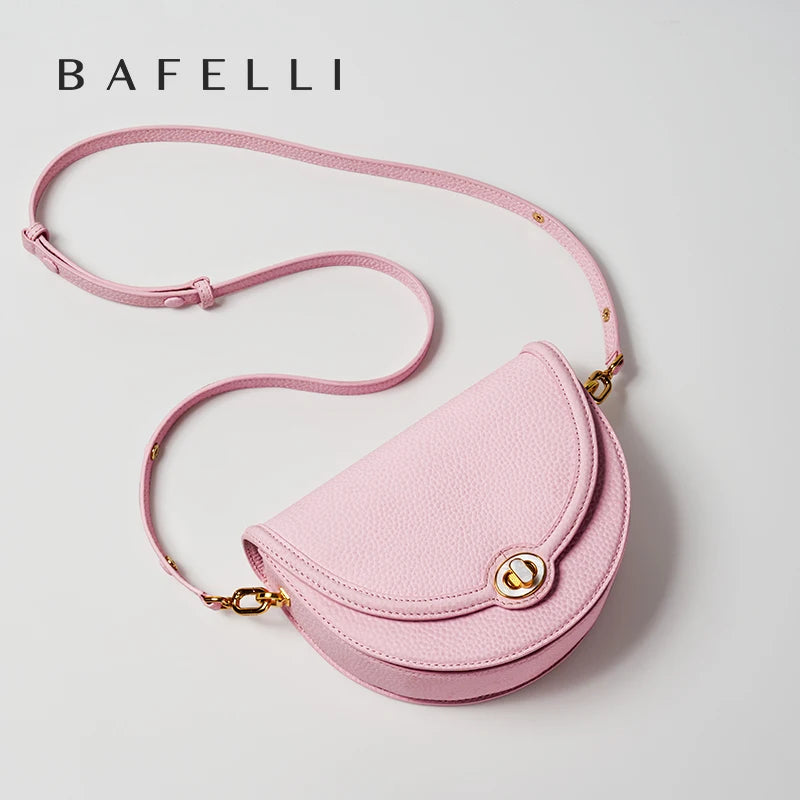 Designer Half-Moon Saddle Bag Top Grain Leather Mother-Of-Pearl Clasp - Light Luxe All-Leather