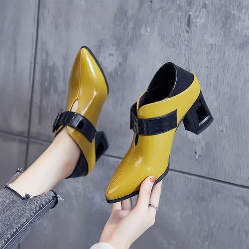 Women's Pointed Toe Block Heel Pumps – Square Buckle Two-Tone Patent Shoes