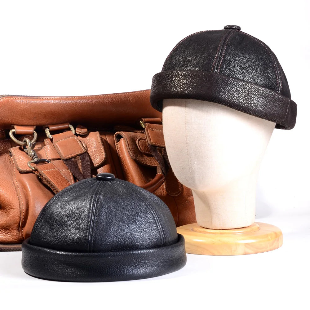 Men S Women Real Leather Winter Warm Skullcap Beanies Beret Round Hat Brimless Caps