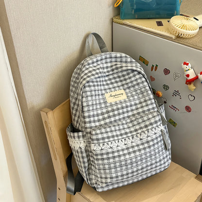 Cute Girls School Backpack – Large Capacity Plaid Daypack with Lace Trim