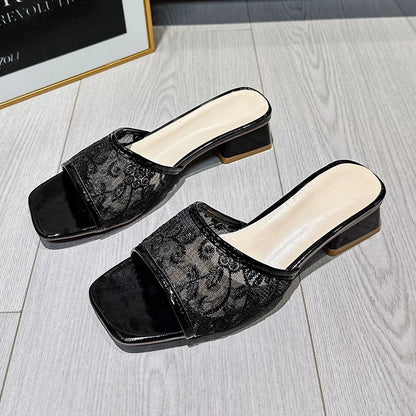 Embroidery Mesh Heeled Mules – Women's Square Toe Sandals