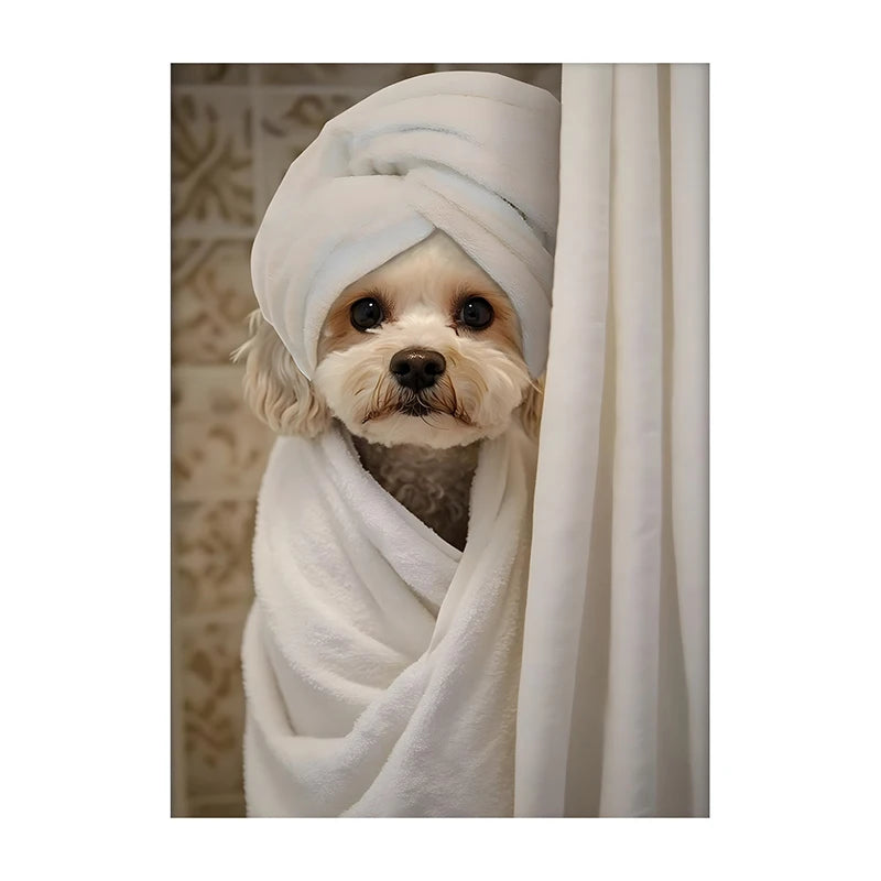 Funny Dog Bathroom Poster – Schnauzer in Bathrobe Wall Art Print
