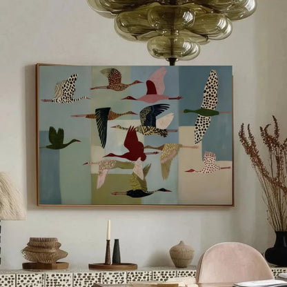 Colorful Flying Birds Wall Art Print Folk Crane Poster