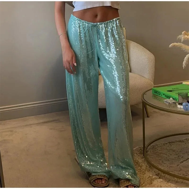 Sequin Wide-Leg Pants for Women – Y2K Loose Drawstring Trousers
