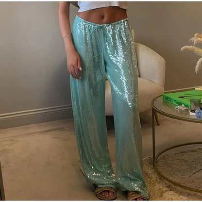 Sequin Wide-Leg Pants for Women – Y2K Loose Drawstring Trousers