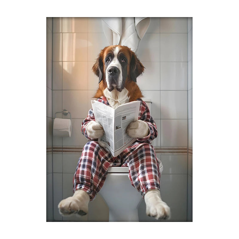 Funny Dog Bathroom Poster – Dog Reading Newspaper on Toilet Wall Art