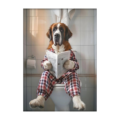Funny Dog Bathroom Poster – Dog Reading Newspaper on Toilet Wall Art