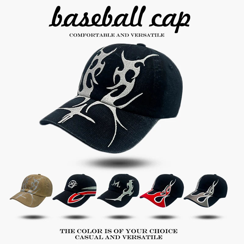 Flame Embroidered Baseball Cap – Y2K Street Style Hat for Men & Women
