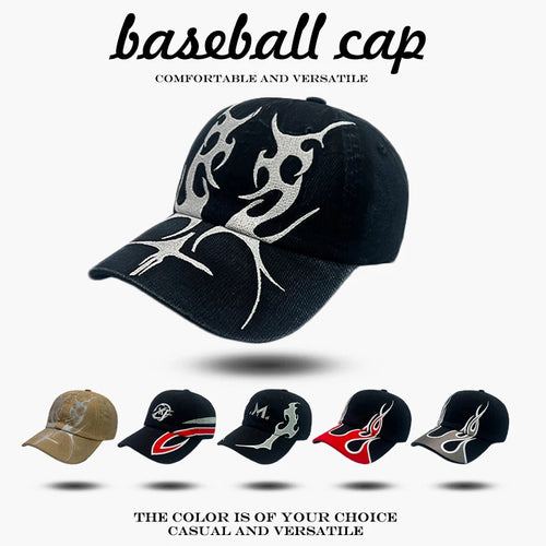 Flame Embroidered Baseball Cap – Y2K Street Style Hat for Men & Women