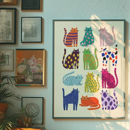 Colorful Cat Art Print Whimsical Wall Poster