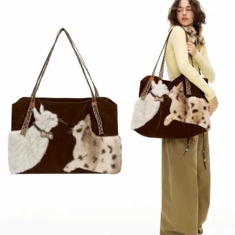 Retro Sweet Cute Cat Tote Bag Women Plush Large Capacity