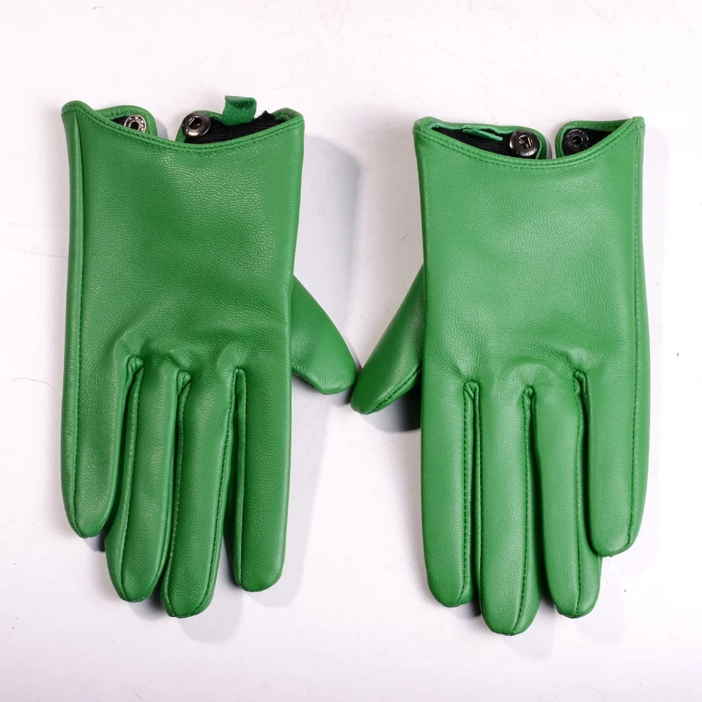 Women's Genuine Leather Short Gloves with Button Wrist
