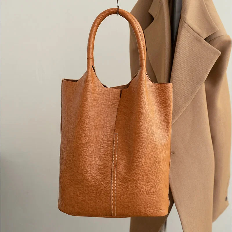 Genuine Leather Bucket Tote Bag for Women