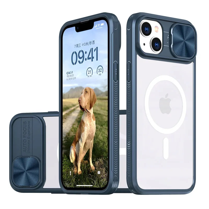 Slide Camera Lens MagSafe Case – Acrylic Wireless Charging | iPhone 7–15 Series