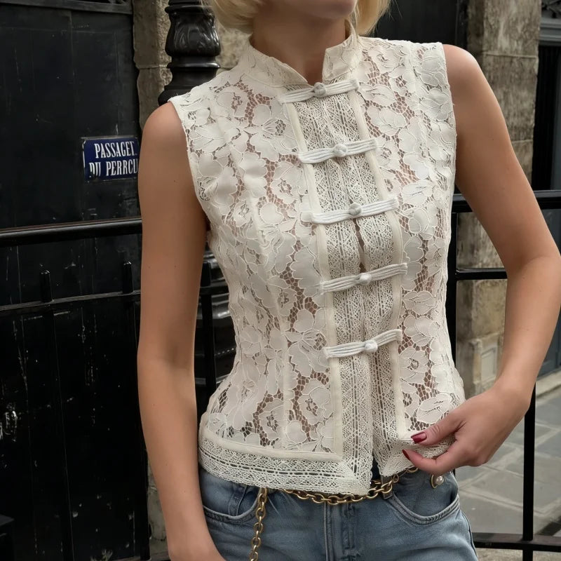 Sheer Lace Sleeveless Top – Mandarin Collar Frog Button