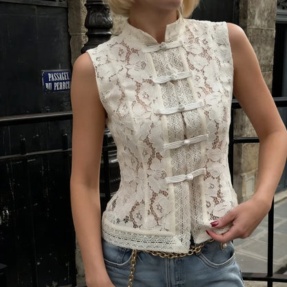 Sheer Lace Sleeveless Top – Mandarin Collar Frog Button