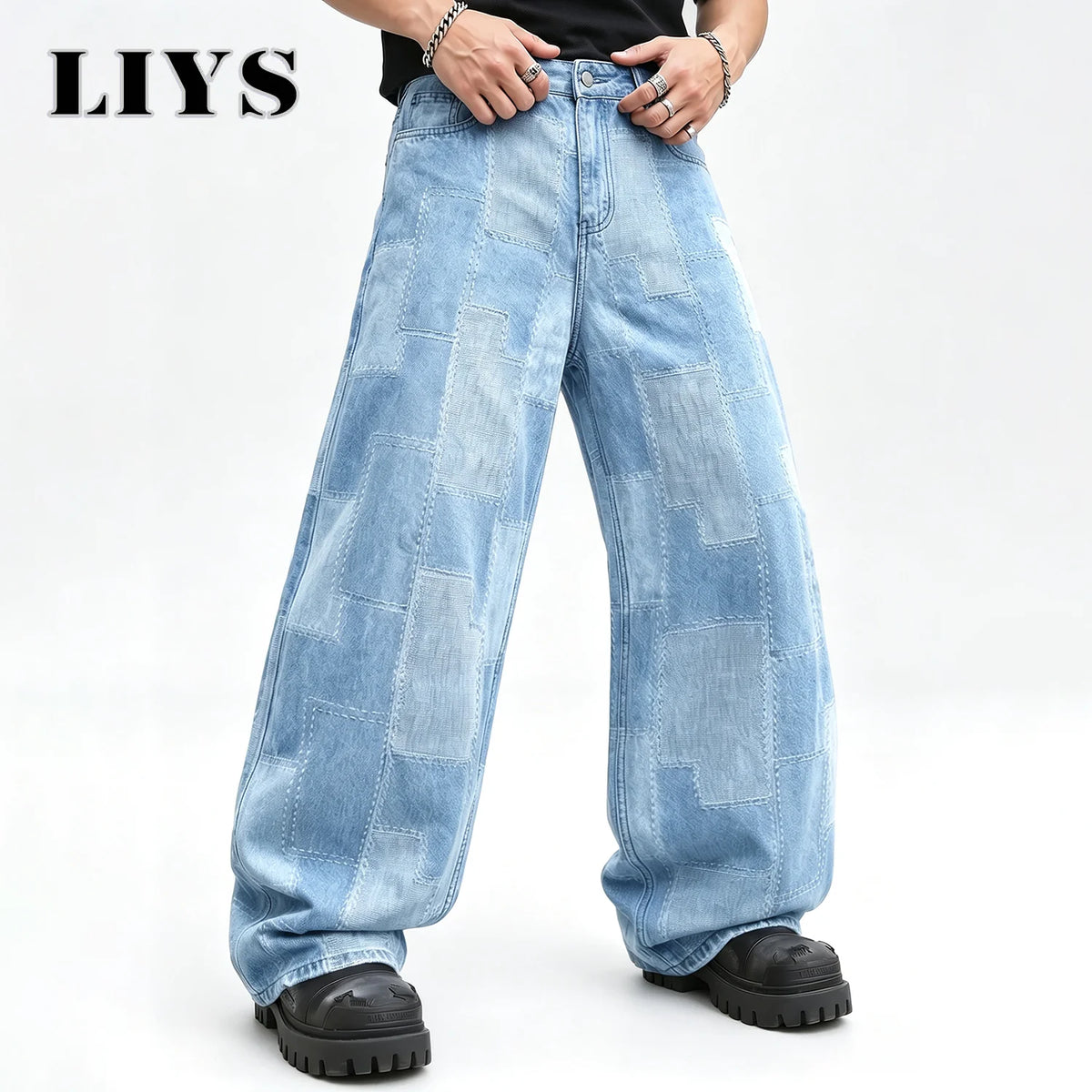Patchwork Grid Baggy Wide-Leg Jeans – Men's Retro Streetwear Denim