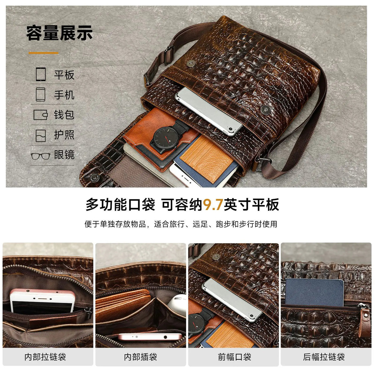 Alligator Embossed Leather Men's Crossbody Bag – Genuine Cowhide