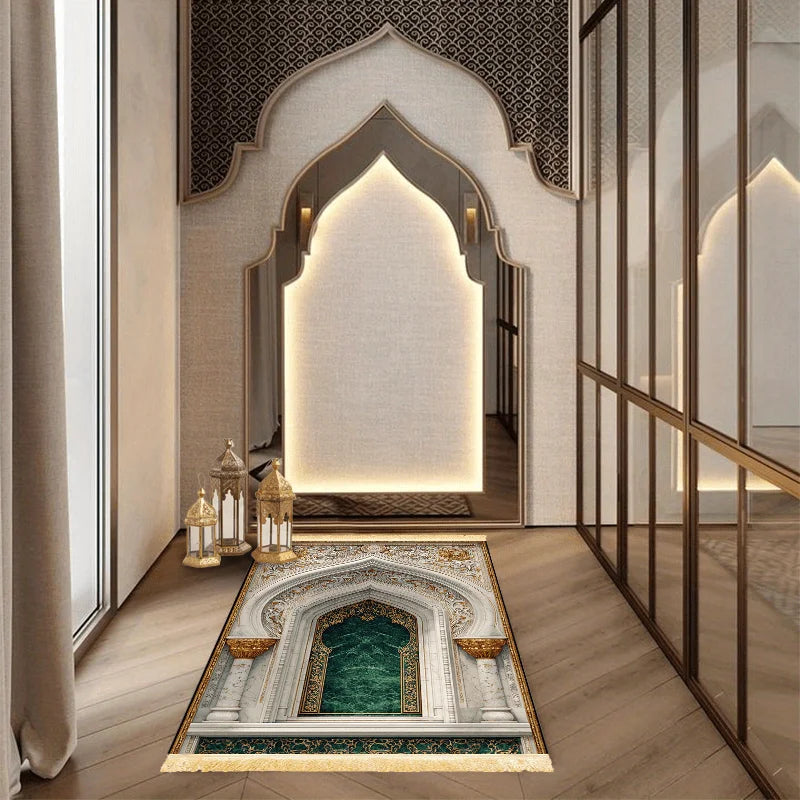 Islamic Prayer Mat – Luxury Mosque Arch 3D Print with Fringe