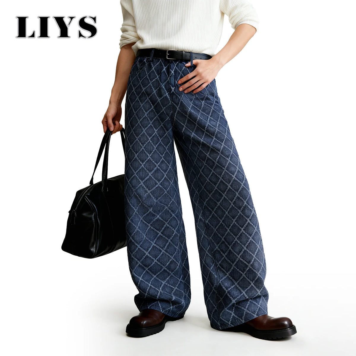Rhombic Jacquard Baggy Wide Leg Jeans – Korean Retro Blue