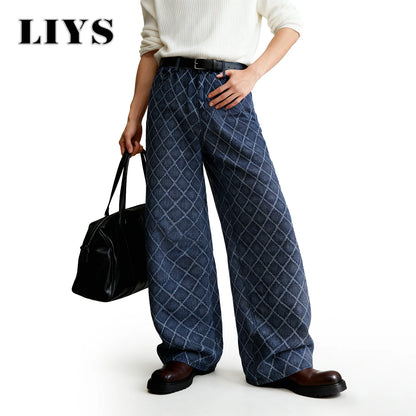 Rhombic Jacquard Baggy Wide Leg Jeans – Korean Retro Blue
