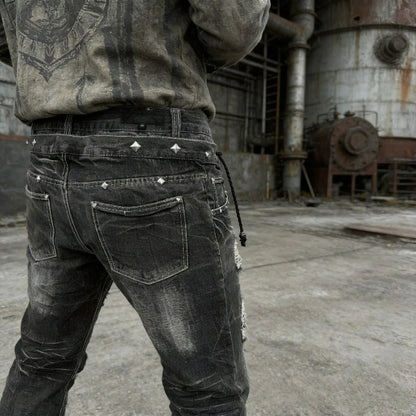 Y2K Gothic Washed Flare Jeans – Lace-Up Double Waist Unisex